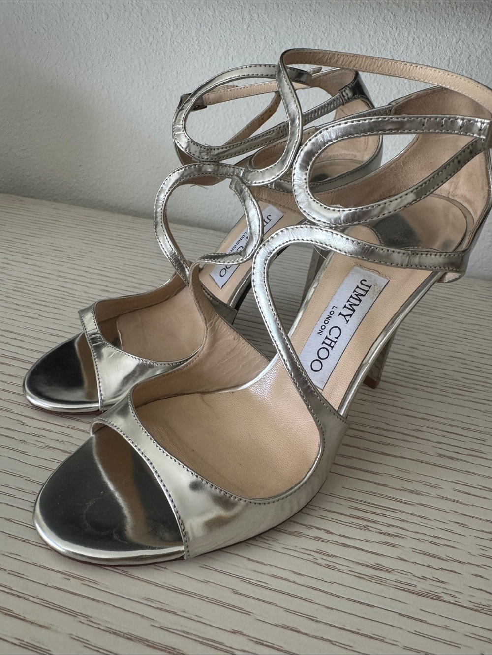 Jimmy Choo Silver Metallic Strappy High Heel Sandals Size 37 EU